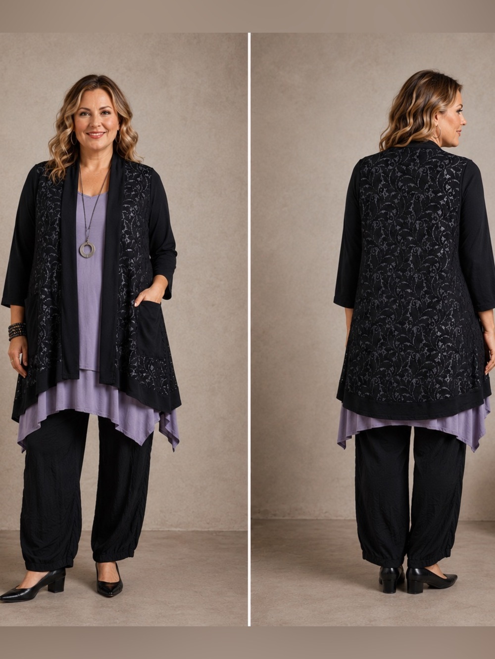 LOGO Lori Goldstein Open Front Black Lace Cardigan witchy